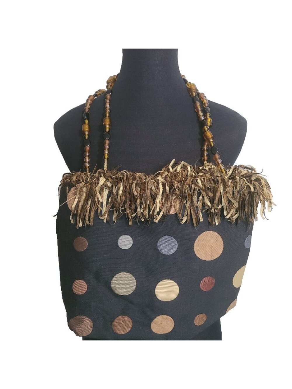 Pritz Reversible Handbag Purse Polka Dot Brown Natural Glass Bead Handle Fabric